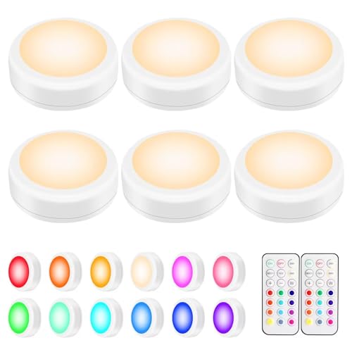 BLS LED Puck Lights with Remote Control, Wireless Under Cabinet & Closet Lighting, RGB 13 Color Changing Lights with Dimmer, Timer & AA Battery Operated, Push, Touch, Stick on for Night, White, 6 Pack by BLS - Used condition - US$18.86