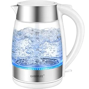 GABERLEE 3000W Fast Boil Electric Kettle, 1.7L Cordless Glass Tea Kettle with Blue LED, One-Touch Lid, Removable Washable Anti-Limescale Filter, Easy Clean, Stainless Steel Accents, BPA-Free, White