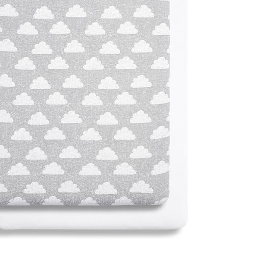 Image of Baby Crib Fitted Sheets, Super Soft Cotton with Fun Designs for Boys and Girls, Light and Breathable, Long Lasting, Machine Washable (Pack of 2) (Clouds)