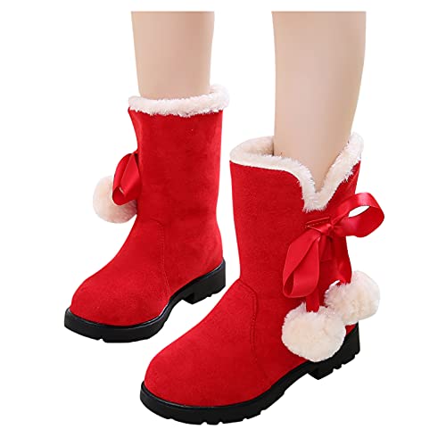 2021 Winter Little Kids Baby Girls Princess Shoes Fashion Bowkont Cotton Boots Snow Boots (Red-1, 32)3