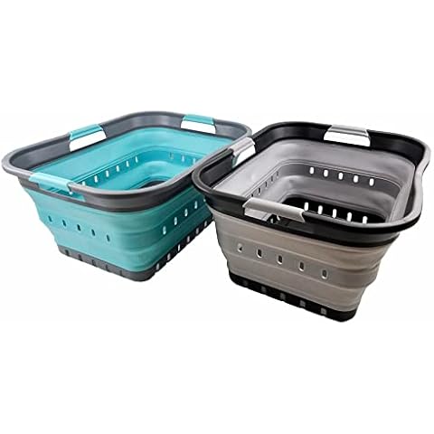 SAMMART 42L (11 gallon) Set of 2 Collapsible Plastic Laundry Basket - Foldable Pop Up Storage Container/Organizer - Portable Basket - Space Saving Hamper/Basket (Alloy Grey + Crystal Blue) Cover