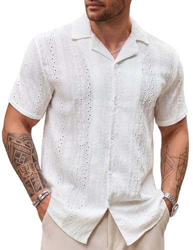 Vssjavun Mens Short Sleeve Button Down Shirt Hollow Out Summer Beach Shirts