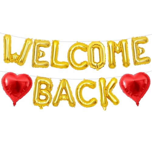 Welcome Back Balloons Red Gold 16Inch Welcome Back Foil Balloons Banner with 18Inch Heart Balloon Welcome Home Party Decorations for Homecoming Party House Warming Party Family Party Decorations