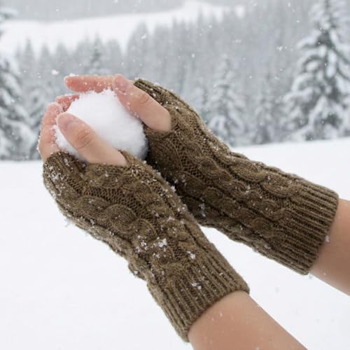 Image of Kraptick Women's Cable Knit Fingerless Gloves - Winter Soft Woolen Arm Warmers with Thumb Hole - Thermal Half Finger Mittens for Typing, Driving & Texting (Free Size, Khaki)