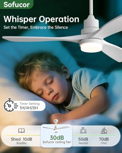 Image of Sofucor 52 Inch Wood Ceiling Fans with Lights and Remote, Modern, White | 3 Blade, Quiet Reversible DC Motor, 3CCT Dimmable, 6 Speed, Timer, Indoor /Covered Outdoor /Bedroom /Living Room /Patio /Kitchen