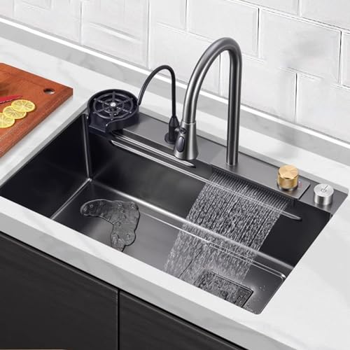 Évier de cuisine noir cascade en acier inoxydable grande cuve unique 68cm avec mitigeur