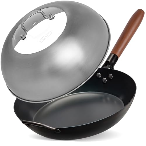 YOSUKATA Coating-Free Carbon Steel Pan - Durable 11.8 Inch Frying Pan + Wok Lid 11.4 In - Premium Stainless Wok Cover with Tempered Glass Insert Steam Holes and Ergonomic