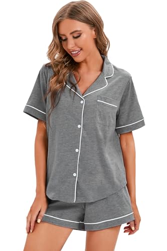 Image of LUBOT 100% Cotton Pajamas for Women 2 Piece PJ Set Button-Down Soft Knit Short Sleeve Summer Sleepwear Loungewear XS-XXL