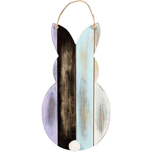 One Holiday Way Rustic Wood Easter Bunny Silhouette with Pom Pom Tail Hanging Wall Decor - Spring Decoration (Blue)