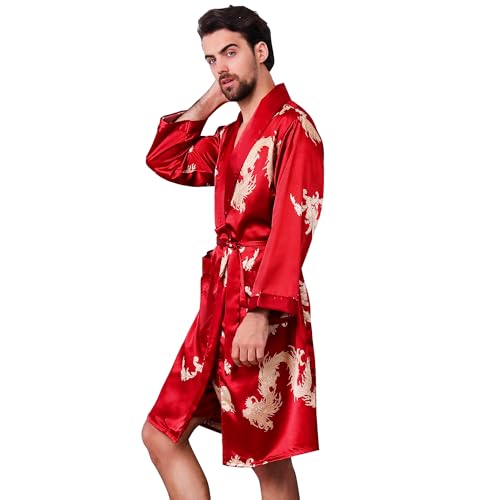 Haseil Men's Satin Robe Silk Kimono Robe Long Sleeve Bathrobe Dragon Lightweight Sleepwear, Rosered, XL