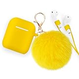 Airpods Case - BlUEWIND Drop Proof Air Pods Protective Pom Pom Keychain Case Cover Silicone Skin for Apple Airpods 2 & 1 Charging Case, Cute Fur Ball Airpods Keychain/Strap (Yellow)