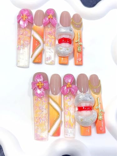 Edgy Peach & Pink Resin Flow Art Press-On Nails, 3D