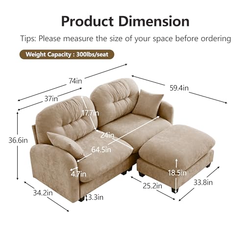 Image of KEIKI 74 inch L-Shaped Oversized Chenille Modular Sectional Loveseat Sofa with 1 Ottoman, High-Density Foam Cushions, Tufted Pleated Cushion Backrest, 2-Seater Couch with 2 Pillow, for Living Room, Camel