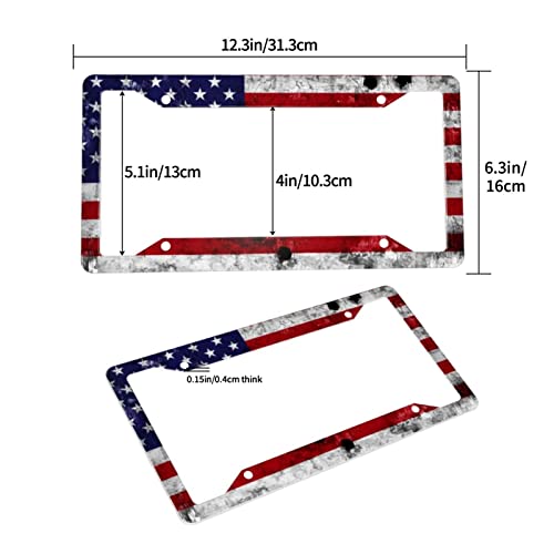 Vintage American Flag License Plate Frame 2 Pcs Patriotic Bullet Hole American Flag License Plate Cover Novelty Patriotic Car Accessories For Veteran Retro Usa Flag License Plate Frame #TOP1