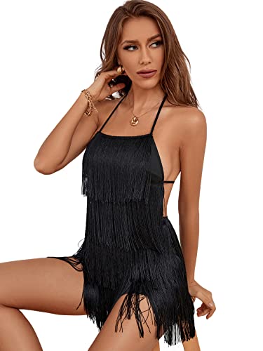 Lyaner Women's Sexy Fringe Halter Waist Tie Back Sleeveless Romper Jumpsuit Playsuits Black Medium #TOP4