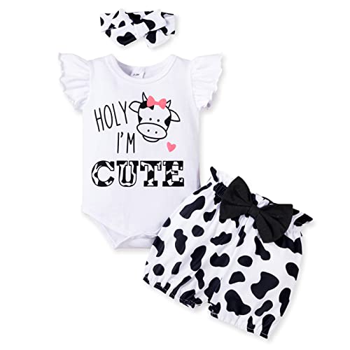 Image of PATPAT Baby Girl Clothes Newborn Infant Girl Ruffle Romper Shorts with Headband Baby Girls Outfit Set 3Pcs Cow 0-3 Months