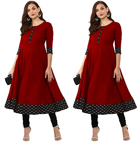 Image of NATEK Cotton Anarkali Printed Border Kurtis for Women Combo Pack of 2