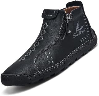 Mens Casual Leather Shoes Ankle Chukka Boots Handmade Side Zipper Mid top Slip On Loafers Fashion Lightweight Walking Driving High Boots