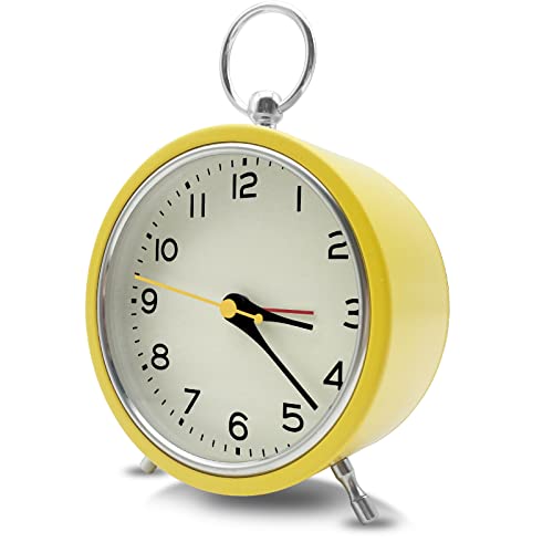Metal Alarm Clock, 4 Big Shelf Colorful Clock for Kids, Simple Large Analog Clock for Desktop, Silent Non Ticking Clock with Night Light, Small Table Alarm Clocks for Bedroom Nightstand (Yellow)