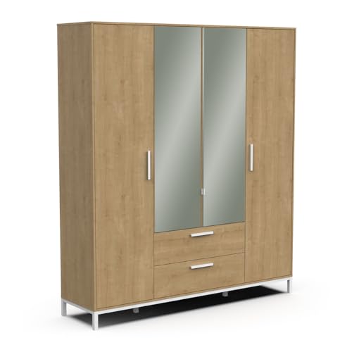 Armoire 4 Portes Avec Miroirs & Penderie, 2 Niches Et 2 Tiroirs – Style Industriel – Coloris Chêne Hamilton & Blanc - 191 x 220 x 50 cm