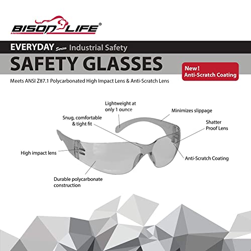 Image of BISON LIFE Gray Safety Glasses for Men & Women, Bulk, ANSI Z87.1, 12 Pack | Scratch & Impact Resistant Wraparound Safety Goggles, UV Protection Eyewear for Work, Construction, Lab, Industrial