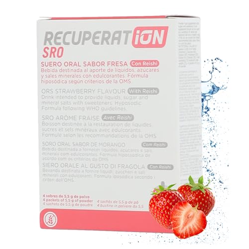 Suero Oral Natural en Polvo con Reishi y Prebiótico para Flora Intestinal - Inmunidad Digestiva Niños y Adultos - Sabor Fresa Sin Gluten Ni Lactosa - Pack 4 Sobres Apto Veganos | RECUPERATION