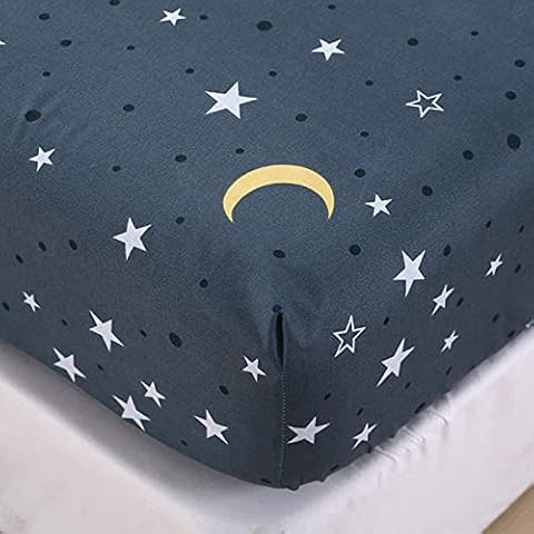 Chickwin Single Bed Fitted Sheet -30cm Deep, Blue Moon Star Cartoon Fitted Sheets for Kids, Soft Brushed Microfiber Easy Care Fade Resistant Breathable Fitted Sheet (90x200cm) Cover