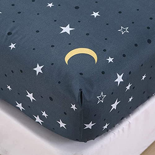 Chickwin Spannbettlaken 140x200cm Kinder Matratzenschoner, Blauer Stern Mond Galaxis Bettlaken für Einzelbett Boxspringbett - 100% Mikrofaser Spannbetttuch Geeignet für bis 25-30 cm Matraze