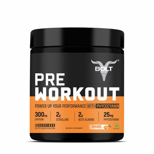 Bolt Nutrition Pre Workout Supplement With Caffeine Powder,Citrulline Malate,B-Alanine,Taurine For Explosive Energy,Pump & Focus 300 G |30 Servings|Orange Tangy Bolt Nutrition Pre Workout Supplement With Caffeine Powder,Citrulline Malate,B-Alanine,Taurine For Explosive Energy,Pump & Focus 300 G |30 Servings|Orange Tangy