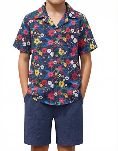 Image of Arshiner Boys 2 Pieces Summer Beach Outfits Short Sleeve Button Down Shirts and Shorts Vacation Texture Sets for Kids