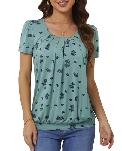 DJT Damen T-Shirt Sommer Oberteile Rundhals Falten Kurzarm Print Bluse Basic Shirt Tunika Tee Tops Grün Geblümt XXL