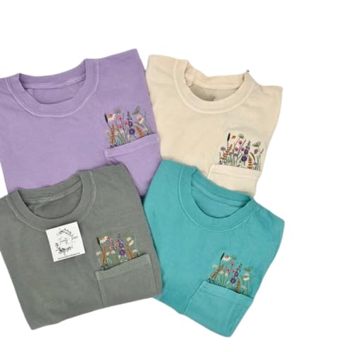 Embroidered crewneck wildflower pocket Tshirt, Hoodie, Sweatshirt, Embroidered flower shirt, Spring clothing, Floral pocket tee