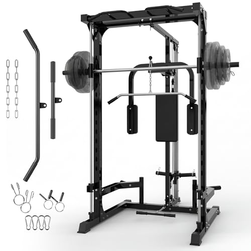 Garvee Smith Machine Home Gym 1000 LB Power Cage Squat Rack with LAT Pulldown System Chest Station & More Training Attachment Multi-Functional Fitness Equipment for Full-Body Training Black