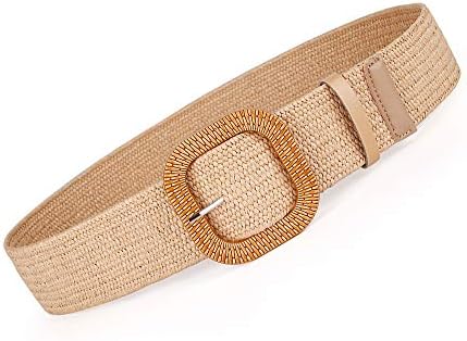 Women Belts For Dresses, Elastic Straw Rattan Waist Band With Large Buckle