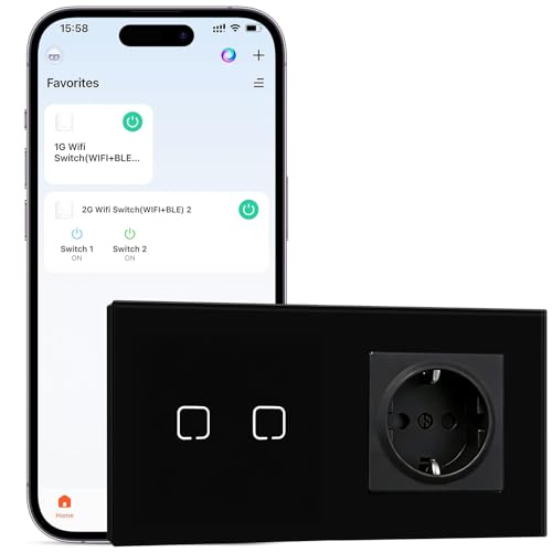 BSEEDLIFE Normal Steckdose mit Smart Wifi Lichtschalter, 2 Fach Intelligente Touch Schalter Kompatibel mit Alexa und Google Home, Wandschalter für Smart Home Lichtschalter Schwarz（86 * 157mm）
