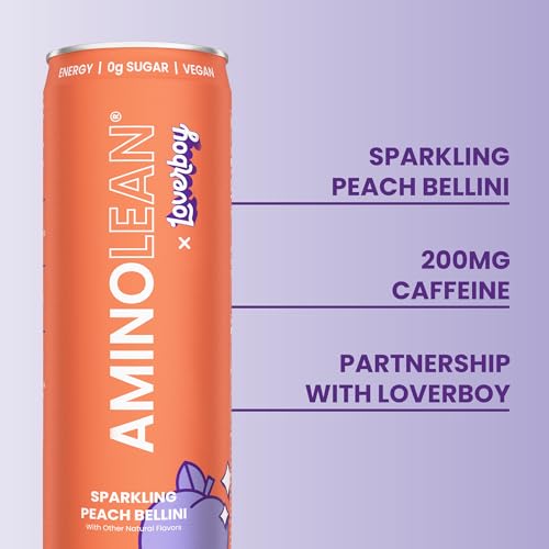 AminoLean x Loverboy Energy Drink – Sugar Free Anytime Energy with Natural Caffeine & Vegan Amino Acids for No Jitters, Tingles, or Crash, Peach Bellini, 12 Pack