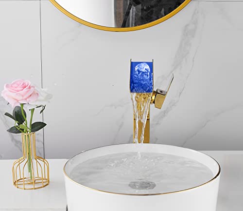 Bathroom Vessel Faucet Gold Waterfall Open Spout Basin Faucet Led Color Changing By Temperature For Bowl Sink With 1Hole Right Handle Without Overflow Pop Up Drain Stopper Supply Hoses Lavatory Basin #TOP3