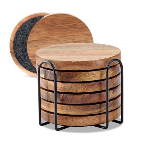 WLWNWFT Lot de 6 dessous de verre en bois d'acacia et feutre avec support, dessous de verre ronds en bois pour boissons, bar, tasses, verre