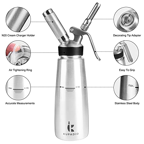 Kupadio Stainless Steel Whipped Cream Professional Whip Cream Dispenser with 3 Culinary Decorating Nozzles and 1 Cleaning Brush, 500mL Cream Whipper Dishwasher Safe for Gift, Homemade Gourmet Maker - Thumbnail 7