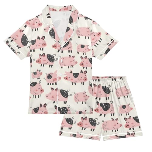 ALAZA Pig Piggy Cartoon Cute Satin Pajamas Set Short Sleeve Button Down Sleepwear Summer Pjs 2 Piece