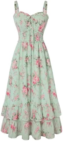 Scarlet Darkness Women's Floral Dress Smocked Sundress with Pockets, Green Pink Floral, M