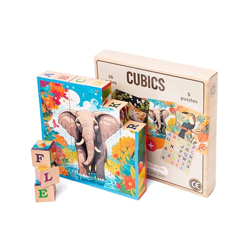 CUBICS – Puzzle Montessori 6-en-1 en Bois Naturel sans Plastique – 36 Cubes – 6 Puzzles Éducatifs Lettres, Chiffres et Animaux – Jouet Enfant dès 3...