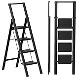 SOLADDER Step Ladder 4 Step Folding Stool with Anti-Slip Widened Sturdy Pedal and Handgrip, Portable and Multi-Use Iron Stepladder for Home, Kictchen, 300 lbs Capacity -Black
