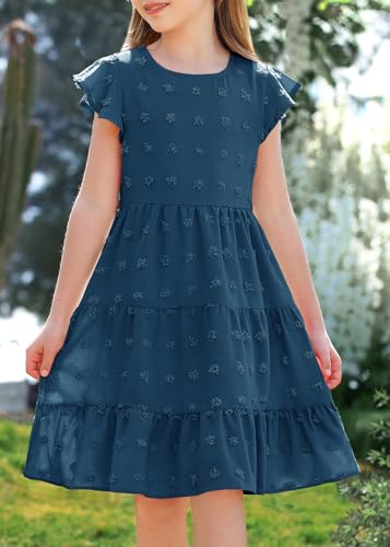 HOSIKA Girls Summer Cute Swiss Dot Flutter Sleeve Boho A Line Swing Tiered Casual Holiday Dress for 6-12 Years3