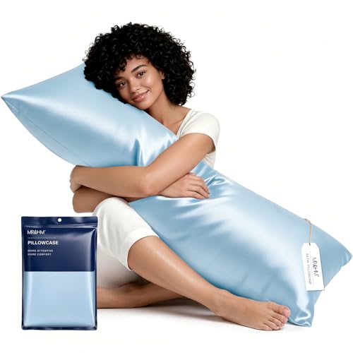 Image of MR&HM Satin Body Pillow Cover, Soft and Breathable Body Pillow Case with Envelope Closure, Cooling and Silky Long Pillowcase for Hair and Skin,Grey (20x54, Light Blue)