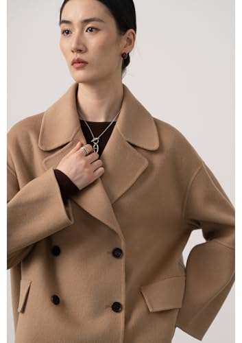 utcoco Women Cropped Wool Pea Coats Notched Lapel Double Breasted Crop Woolen Trench Coat Short Jackets with Pockets2