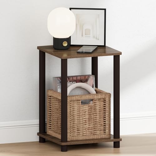 Image of Furinno Turn-N-Tube Night Stand, 2-Tier Open Shelf Design Nightstand, Toolless Square Bedside Table, End Table, Side Table, for Bedroom, Closet, Dorm, Walnut