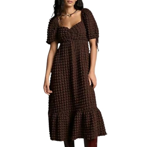 Felcia Damen-Midikleid mit Puffärmeln, Blasenstruktur, gesmokt, Sweetheart-Ausschnitt, gerüscht, fließendes Kleid, dunkelbraun, M