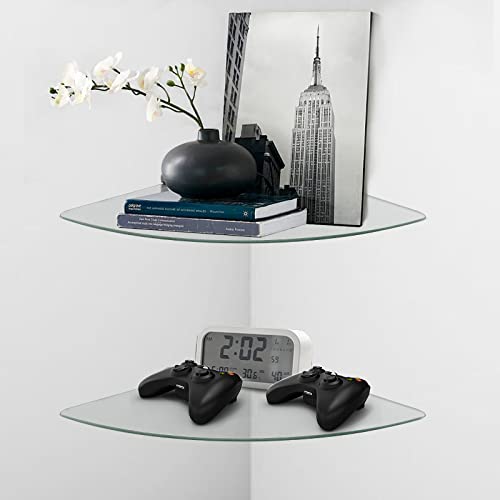 Suptek Corner Floating Wall Mounted Shelf With Silver Strengthened Tempered Glasses #TOP5