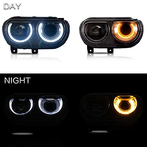 Vland Headlights Assembly Fit For Dodge Challenger 2008-2014 3Rd Gen Coupe W/Dual Beam Lens Drl, Led Front Light With Sequential Indicator Halo, Plug-N-Play Headlamp #TOP7
